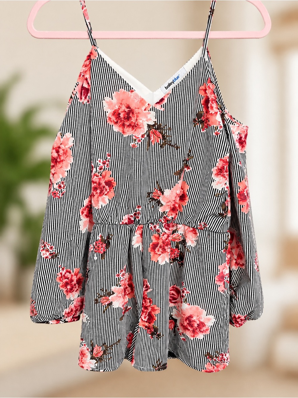 Women’s Bailey Blue Pink Floral Striped One-Piece Romper w/ Peekaboo Shoulder-S